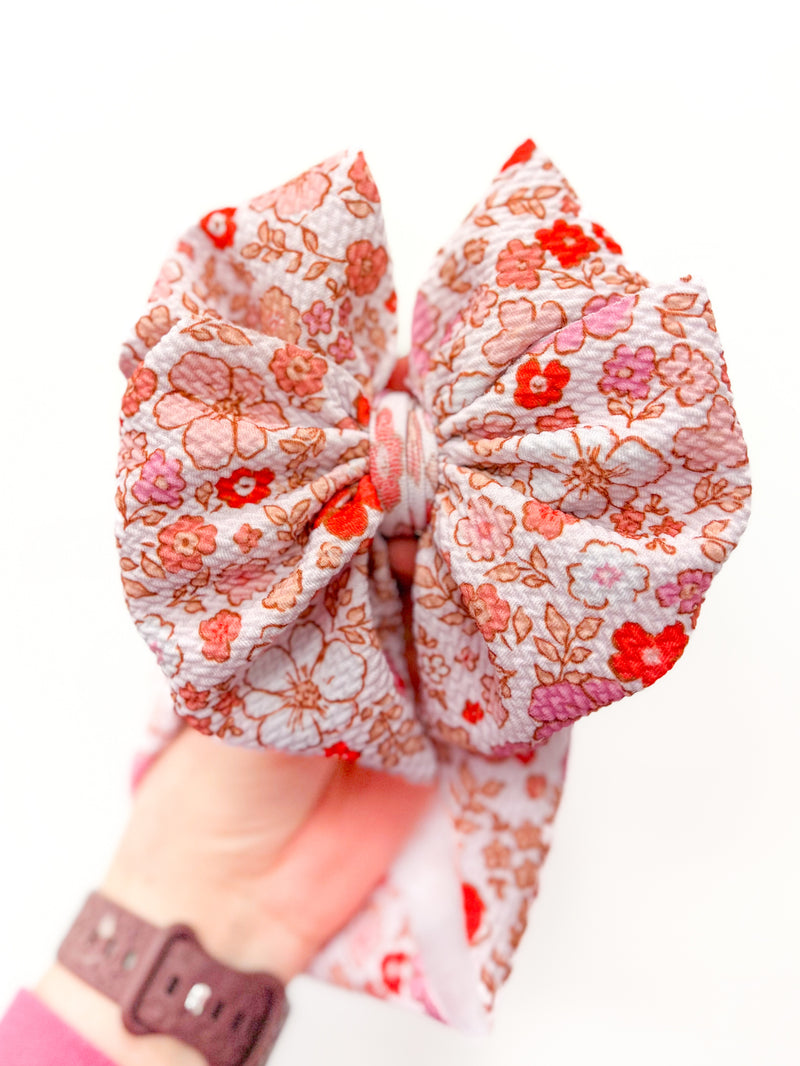 Red Dainty Floral - Double Loop Hair Bow - Made to Order