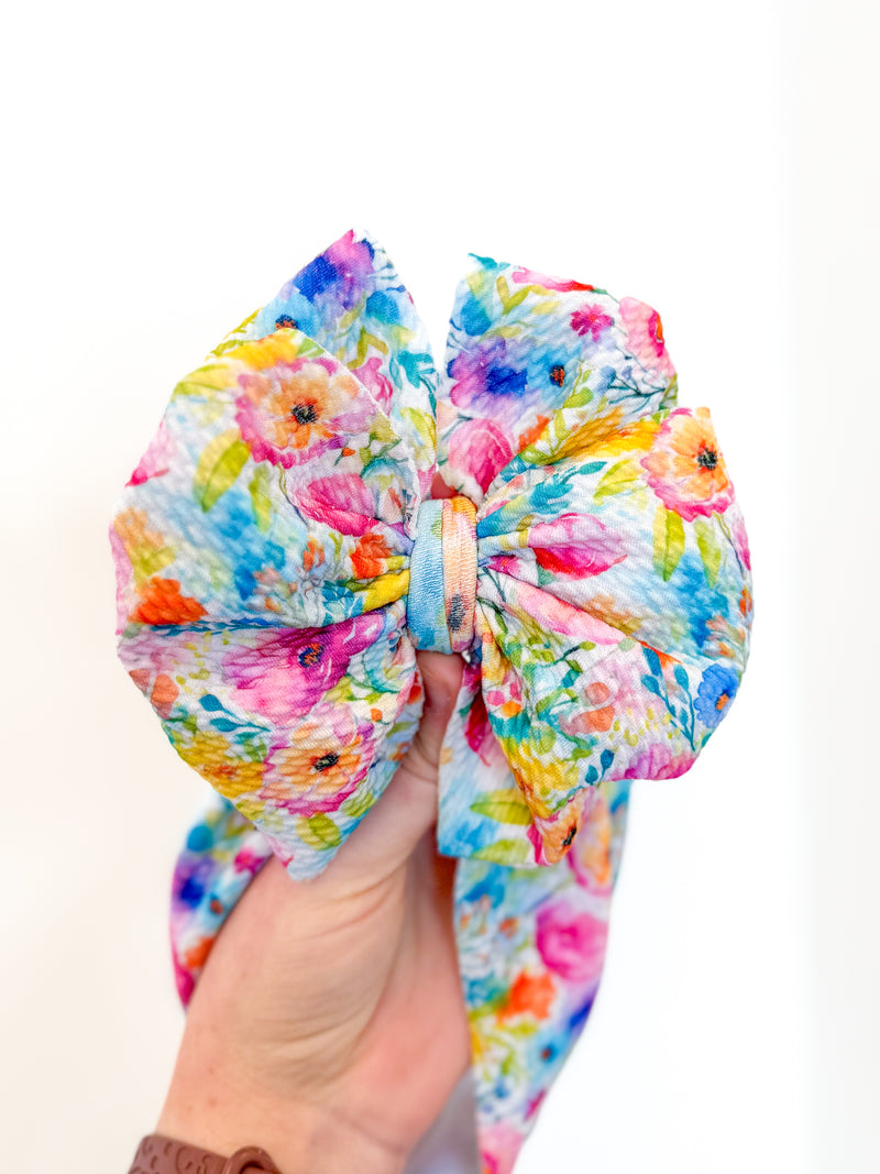 Spring Watercolor Floral - Double Loop Hair Bow - Made to Order